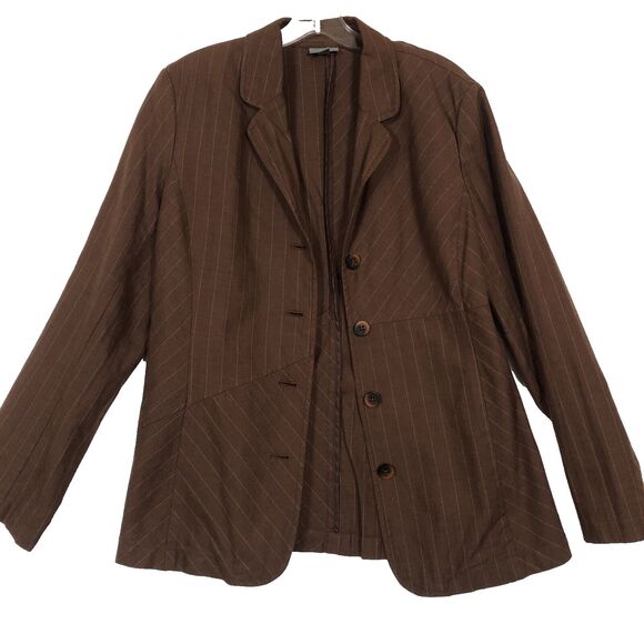 J Jill Pin Striped Skirt/12 Jacket/10 Suit Set Linen Blend Havana Brown Workwear - Picture 2 of 16